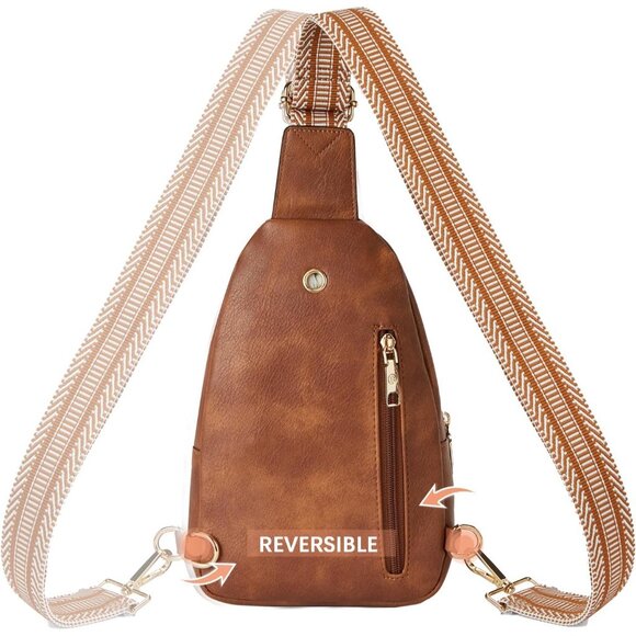 Women Brown Imported PU Leather Small Crossbody Chest Sling Fanny Travel Bag - Picture 7 of 9